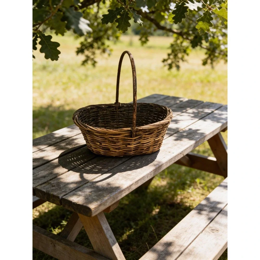 Vintage Wicker Gathering Basket Black Interior Farmhouse Rustic 15x8.75 x 15
